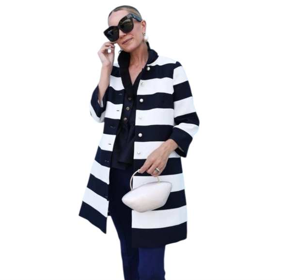 Tuckernuck Blue/White Striped Millie Dress Coat Pearl Buttons Med NWT Lagenlook - Picture 2 of 16